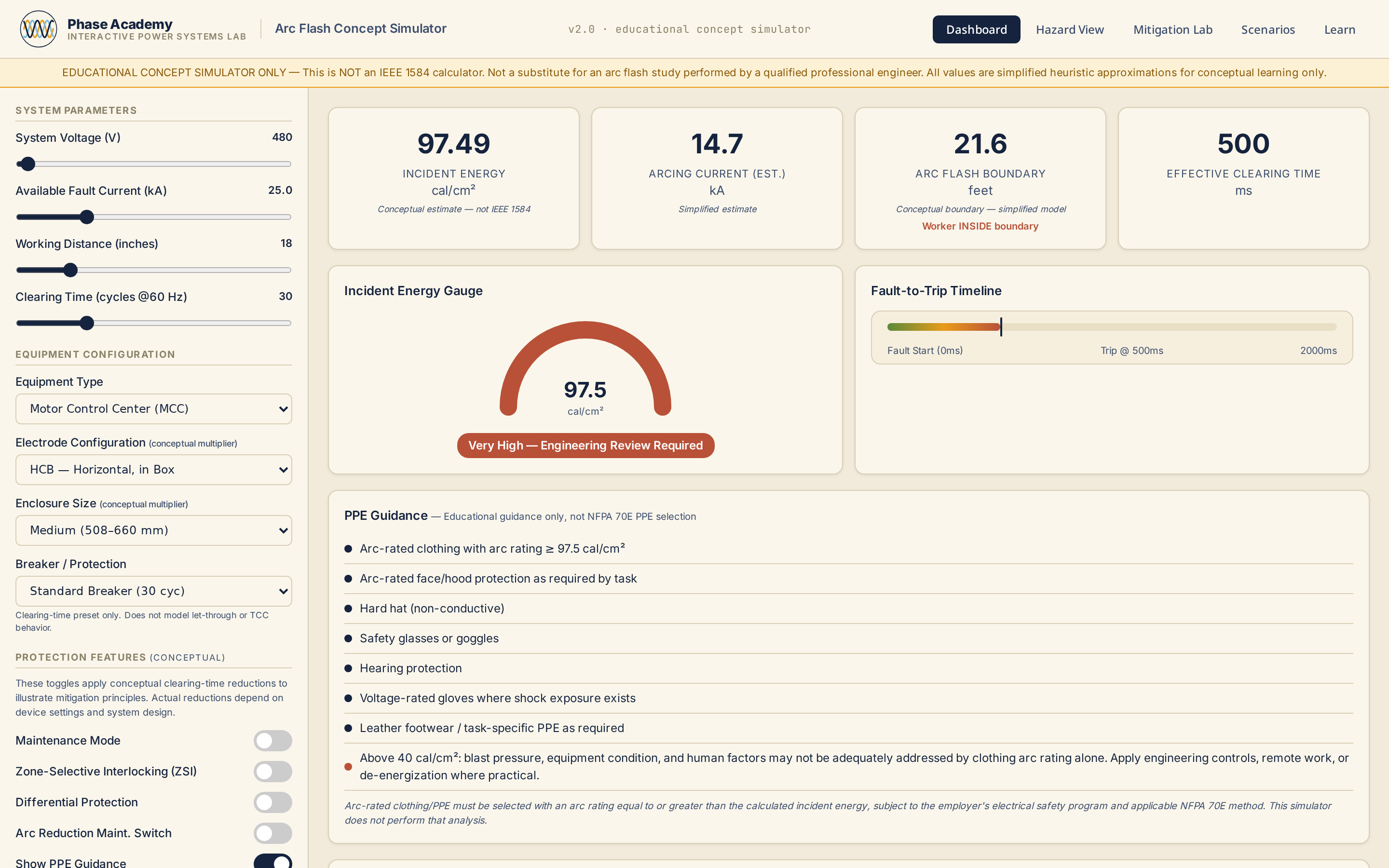 Screenshot of the Arc Flash Concept Simulator interface